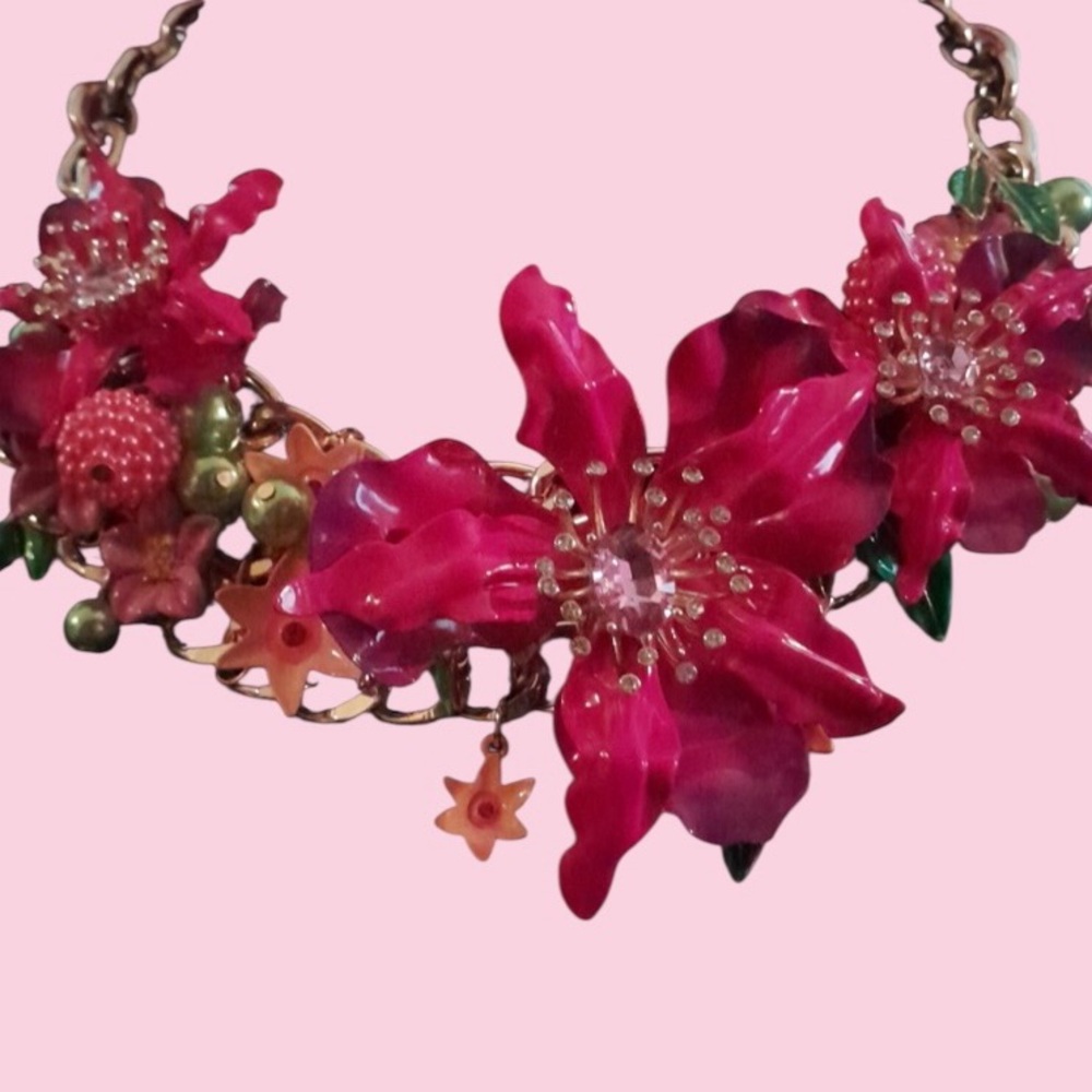 BETSEY JOHNSON SET Pink & Purple Ombré Orchid Earrings Necklace & Ring NEW NWT - Picture 14 of 16